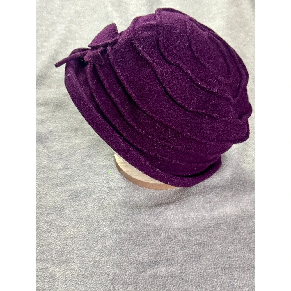 Vintage Style Purple Wool Blend Cloche Hat with Bow Spiral Tiered Bucket Hat